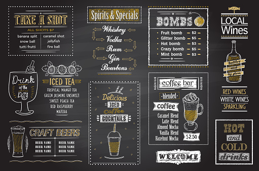 Cocktails menu chalkboard set, hand drawn posters for tea, coffee, spirits cocktails, shots, bombs, craft beers and lokal wine