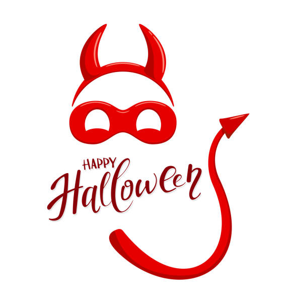 Halloween theme with elements of devil costume Lettering Happy Halloween and red mask with horns and tail of the demon isolated on white background, illustration. devils horn stock illustrations