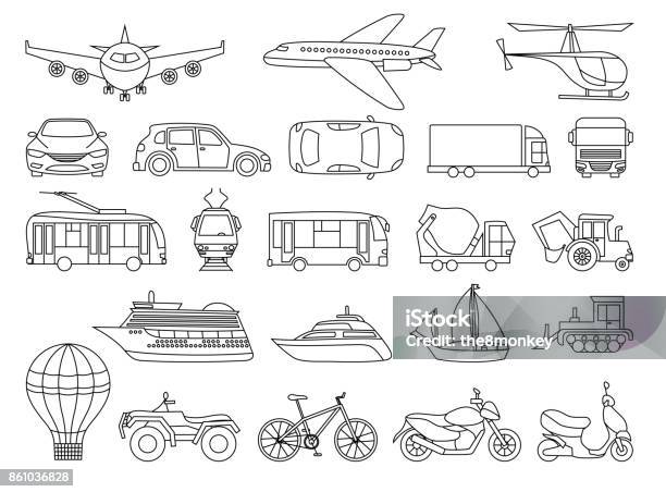 Toy Transport Set To Be Colored Coloring Book To Educate Kids Learn Colors Visual Educational Game Easy Kid Gaming And Primary Education Simple Level Of Difficulty Coloring Pages Stock Illustration - Download Image Now