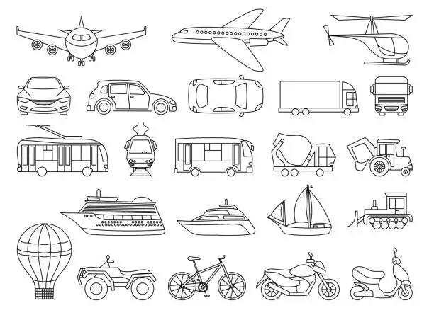 Vector illustration of Toy Transport Set to be colored. Coloring book to educate kids. Learn colors. Visual educational game. Easy kid gaming and primary education. Simple level of difficulty. Coloring pages