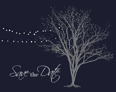 Lights on tree vector. Save the date background. Night glowing lamps hanging on party decoration.