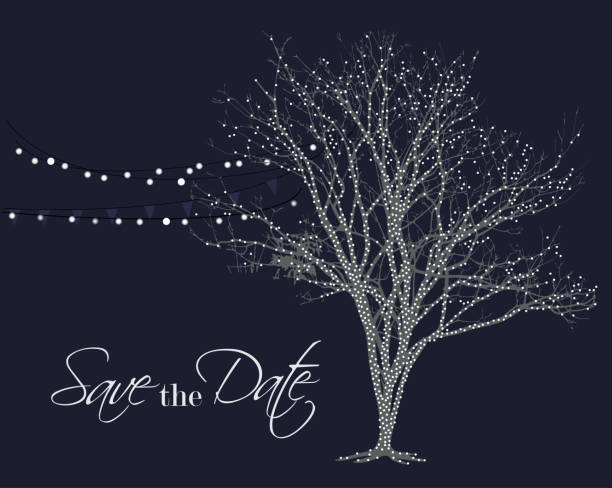 Save the date background Lights on tree vector. Save the date background. Night glowing lamps hanging on party decoration. light through trees stock illustrations