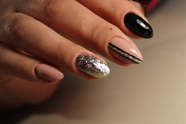 istock Design manicure black and beige nails with abstraction 861040478