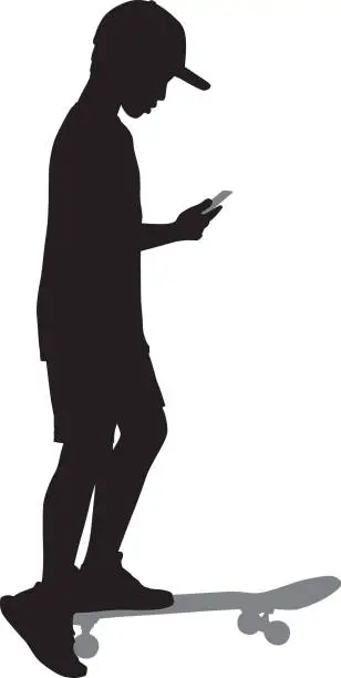 Vector illustration of Boy On Skateboard Looking At Smart Phone