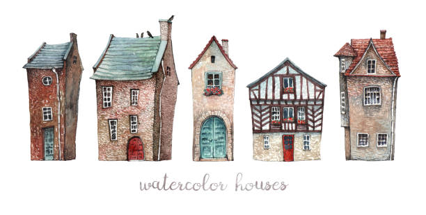 A set of old houses A set of watercolor illustrations of old European houses with wooden doors, tile roofs and flowers on the windowsills fairy tale village stock illustrations