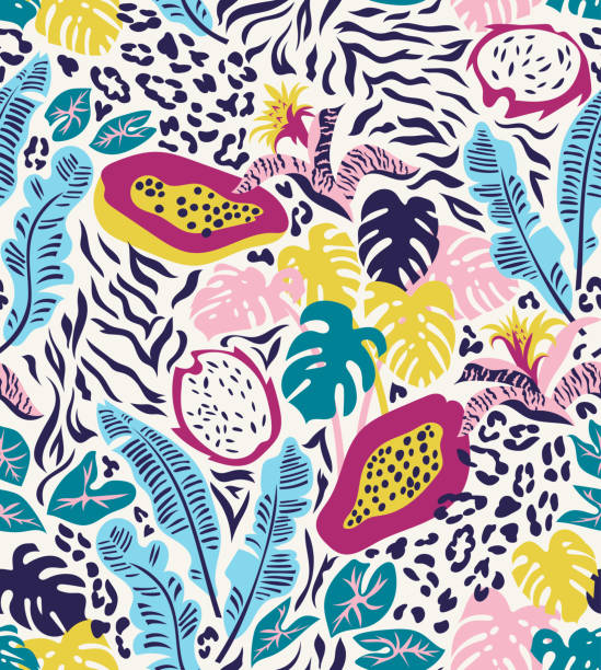 Vector pattern Seamless pattern with rainforest plants and fruits. Trendy abstract tropical design for textiles black tiger shrimp stock illustrations
