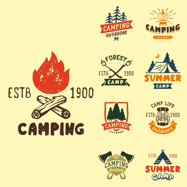 Set of vintage woods camp badges and travel logo hand drawn emblems nature mountain camp outdoor vector illustration Set of vintage woods camp badges and travel logo hand drawn emblems nature mountain camp outdoor vector illustration. Park recreation exploration graphic sticker. camping patterns stock illustrations