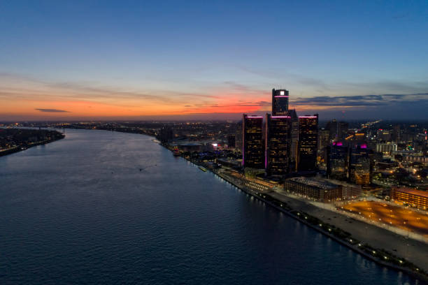 istock Detroit sunset cityscape aerial 861063612