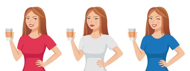 Vector illustration of Pretty cute brown-haired girl holding a paper coffee cup template isolated on white background.