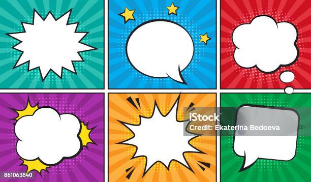 Retro Comic Empty Speech Bubbles Set On Colorful Background Stock Illustration - Download Image Now