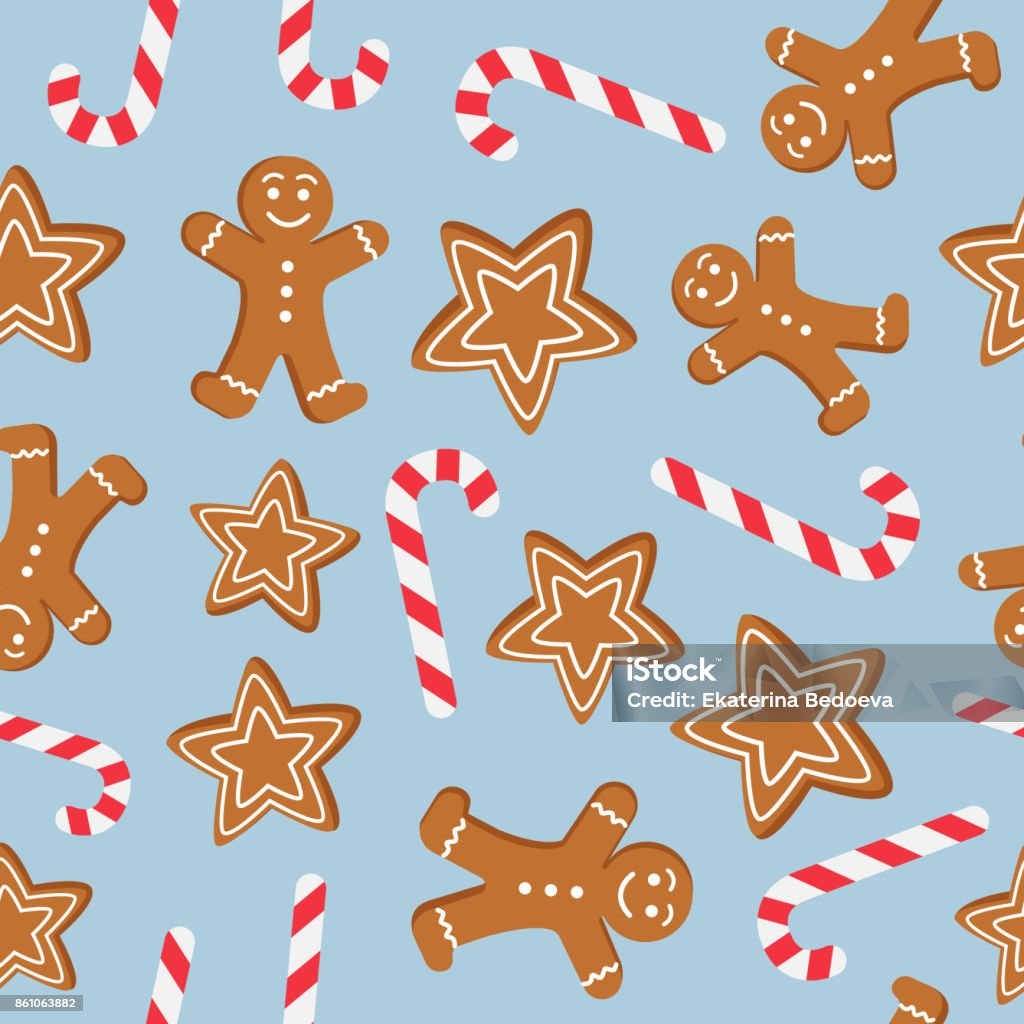 Seamless pattern of Christmas and New Year flat symbols. Gingerbread man, candy, cookies stickers pattern on blue background. Vector illustration Gingerbread Man stock vector