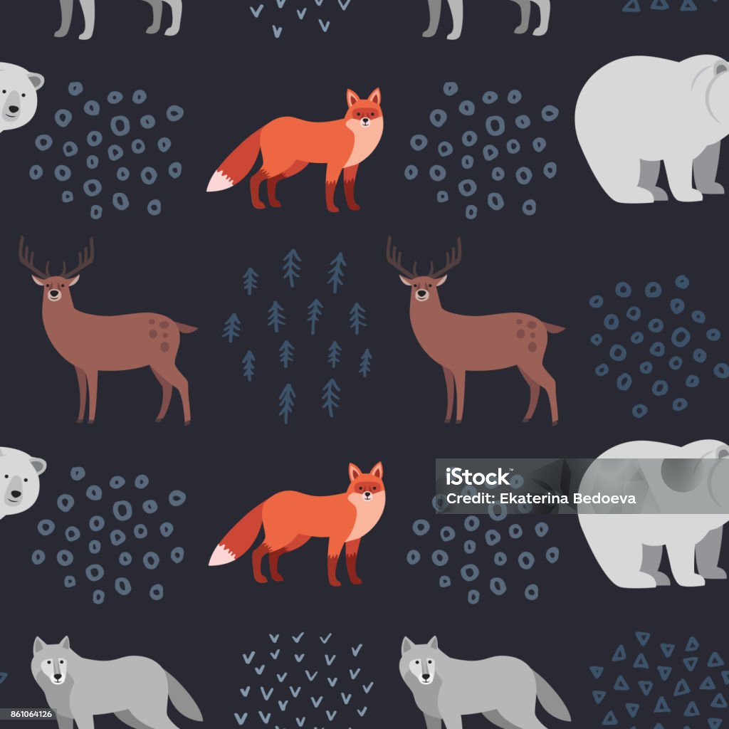 Seamless hand-drawn pattern with forest animals: fox, white bear, deer, wolf on dark background. Scandinavian design style. Vector illustration Fox stock vector