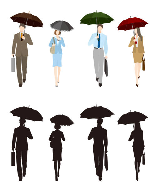 사업가, 사업가, 비, - umbrella parasol rain rush hour stock illustrations