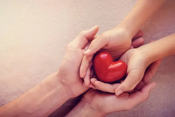 Photo of adult and child hands holiding red heart, health care love, give, hope and family concept