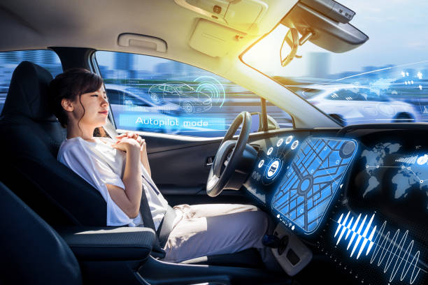 istock young woman riding autonomous car. self driving vehicle. 861086704