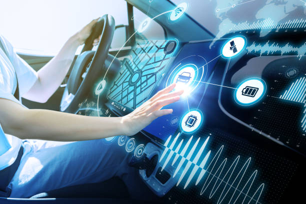 futuristic vehicle and graphical user interface(GUI). intelligent car. connected car. Internet of Things. Heads up display(HUD).