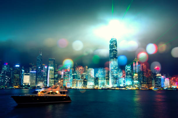 hong kong - city mega night built structure - fotografias e filmes do acervo