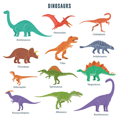 Collection of dinosaurs including T-rex, Brontosaurus, Triceratops, Velociraptor, Pteranodon, Allosaurus, etc. Isolated on white