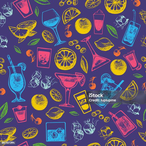 Alcohol Cocktails Drinks Hand Drawn Vintage Style Collection And Party Alcoholic Sweet Tequila Vector Illustration Seamless Pattern Background Stock Illustration - Download Image Now
