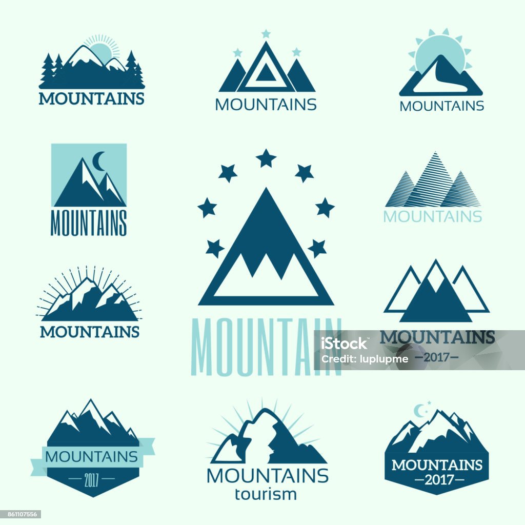 Vector set of mountain exploration vintage emblems and rock silhouette design elements Vector set of mountain exploration vintage logos, emblems and design elements. Nature templates and badges with rock silhouette climbing outdoor activity symbols. Logo stock vector