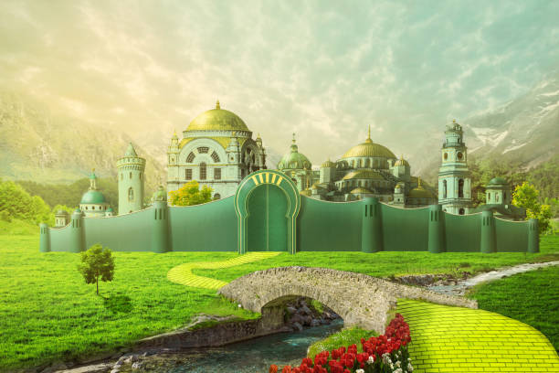 Emerald City illustration Emerald City with yellow brick road and bridge across the river emerald stock pictures, royalty-free photos & images