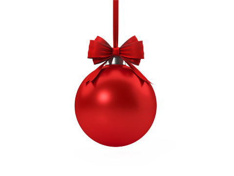 Red Christmas bauble tied with red velvet ribbon over white background. Clipping path included. Horizontal composition with copy space. Great use for Christmas related concepts.