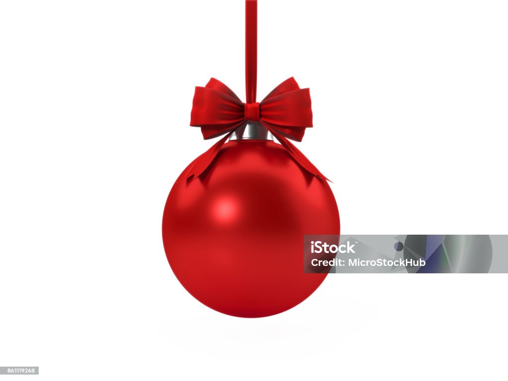 Red Christmas Bauble Tied With Red Velvet Ribbon Over White Background Red Christmas bauble tied with red velvet ribbon over white background. Clipping path included. Horizontal composition with copy space. Great use for Christmas related concepts. Christmas Stock Photo