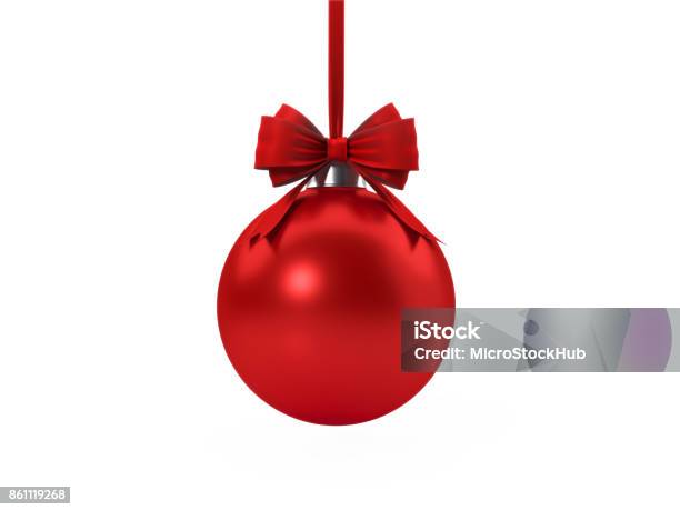Red Christmas Bauble Tied With Red Velvet Ribbon Over White Background Stock Photo - Download Image Now