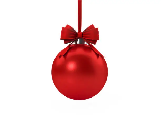 Photo of Red Christmas Bauble Tied With Red Velvet Ribbon Over White Background