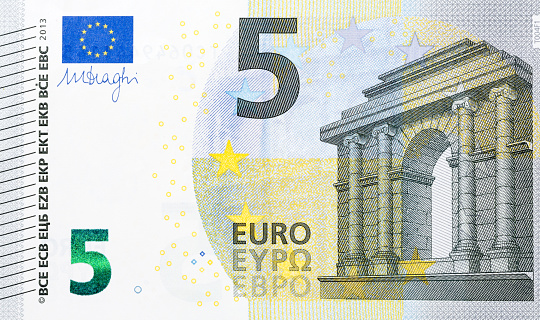 Macro detailed text on a 5 euro banknotes. Hi res photo.