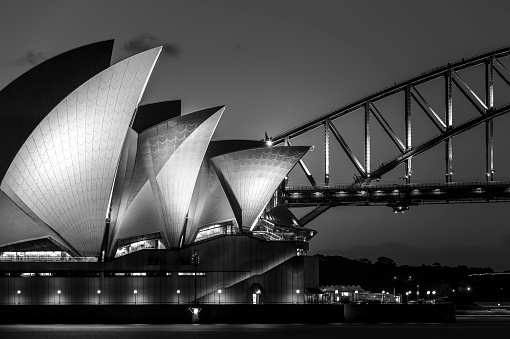 Sydney, Australia - December 09, 2016: Black and white photo of Sydney Opera House
