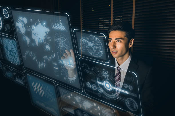 istock businessman controlling futuristic hologram interface. 861122630