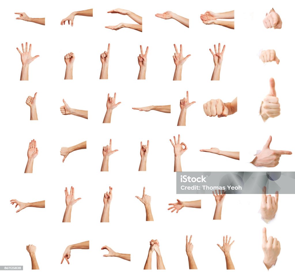 Mani in alto,Più gesti della mano caucasica maschile isolati sullo sfondo bianco, set di più immagini - Foto stock royalty-free di Mano
