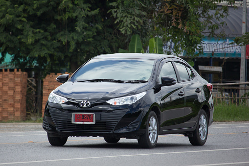 Chiang mai, Thailand - September 28, 2017:New Private Sedan car toyota Yaris ATIV Eco Car.  Photo at road no 121 about 8 km from downtown Chiangmai thailand.