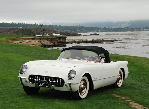 1953 Corvette - The last 1953 Corvette. There were 300 produced in 1953 which is the first year for Corvette production. Photographed at the Pebble Beach d'Elegance in 2008. Front 3/4 view of classic 1950s white sports car.