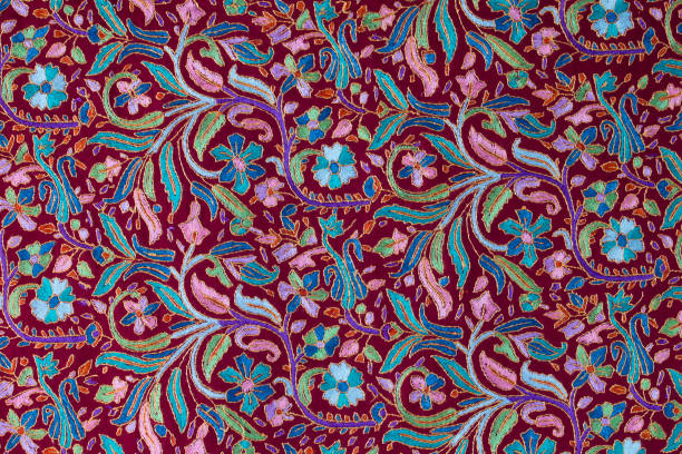 Traditional paisley pattern cashmere pashmina sample Detail handmade pashmina shawl with delicate embroidery. Close up pashmina stock pictures, royalty-free photos & images