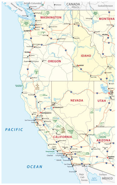 ilustrações, clipart, desenhos animados e ícones de estradas, mapa político e administrativo da western estados unidos com parques nacionais - map san francisco bay area san francisco county california