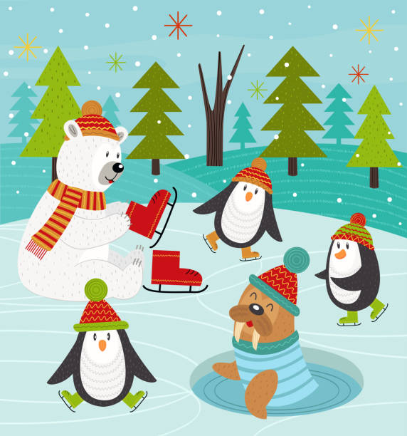 polar animals on rink vector art illustration