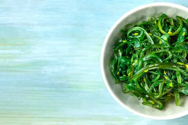 An overhead photo of a plate of wakame, sea vegetable, on a vibrant teal blue background with copy space