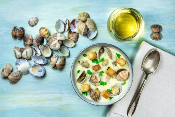 istock Bowl of clam chowder soup, overhead shot, with copy space 861145286
