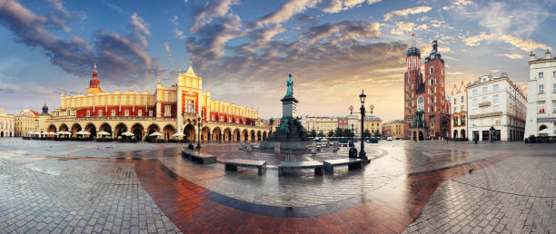 Krakow Market Square, Poland - panorama Krakow Market Square, Poland - panorama marys stock pictures, royalty-free photos & images