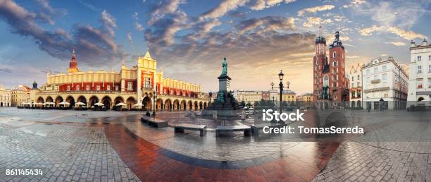 Krakow Market Square Poland Panorama Stock Photo - Download Image Now - Krakow, Poland, Market - Retail Space
