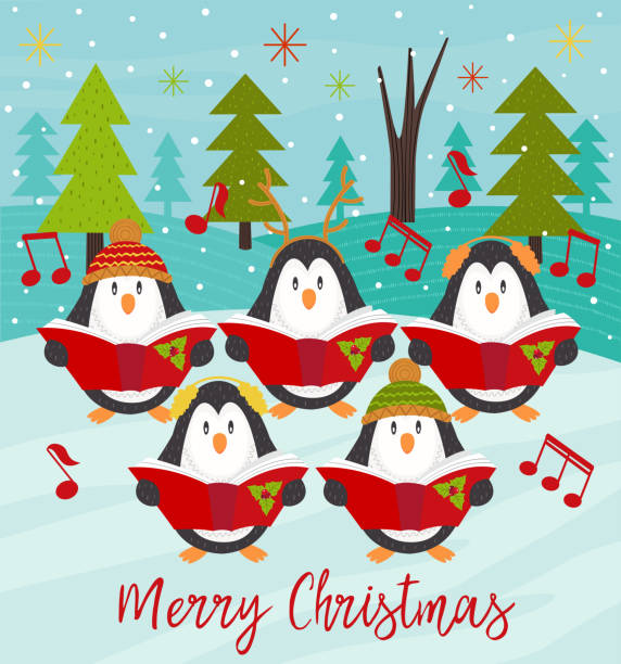 합창단 펭귄 메리 크리스마스 카드 - caroler christmas music winter stock illustrations