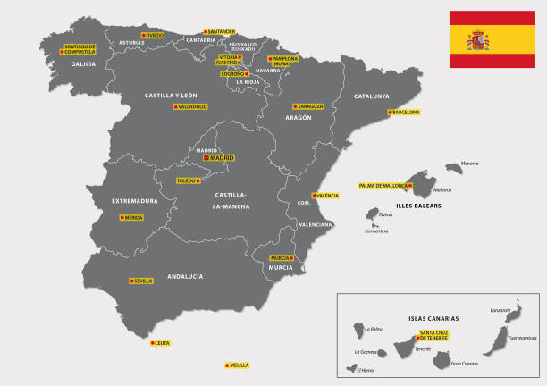 mapa wektorowa z flagą hiszpańskich regionów i ich stolic - barcelona sevilla stock illustrations