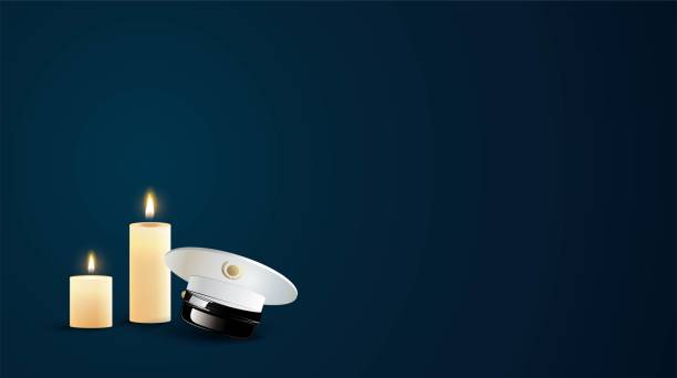 Burning candles and captain cap  in the dark. Burning candles and captain cap  in the dark. Candle of memory. Vector illustration military funeral stock illustrations