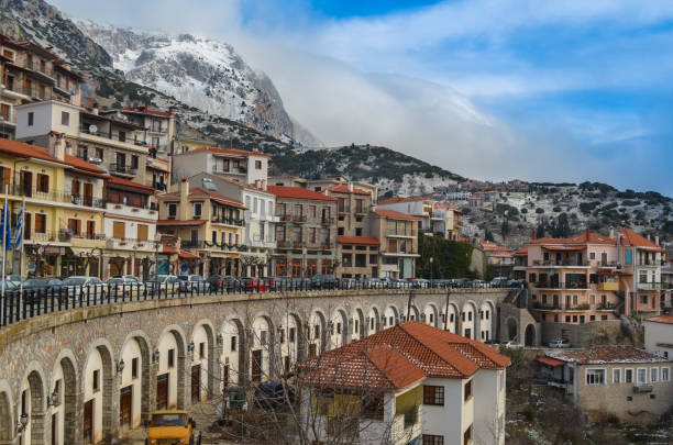 scenic view of the picturesque and famous village of Arachova located on the hills of Parnassus mountain in short distance from ski resorts.Very popular destination for lovers of outdoor activities. stock photo