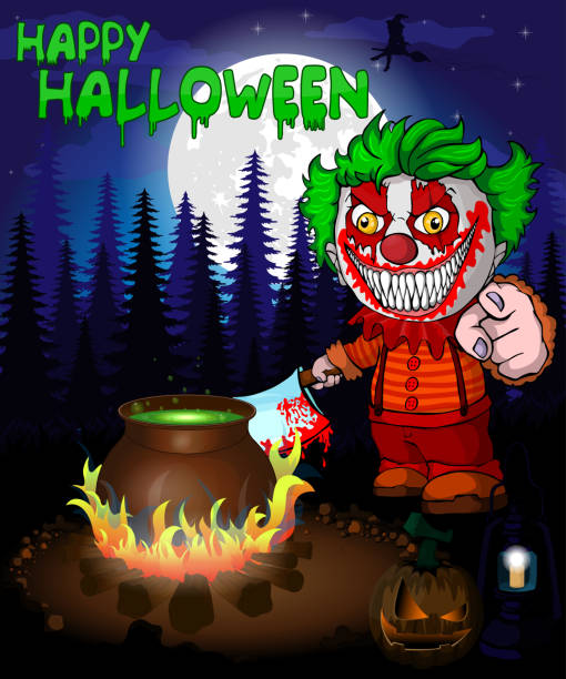 Halloween poster with clown holding a knif. Vector illustration. File in layers and editable. All objects are drawn separately. knif stock illustrations