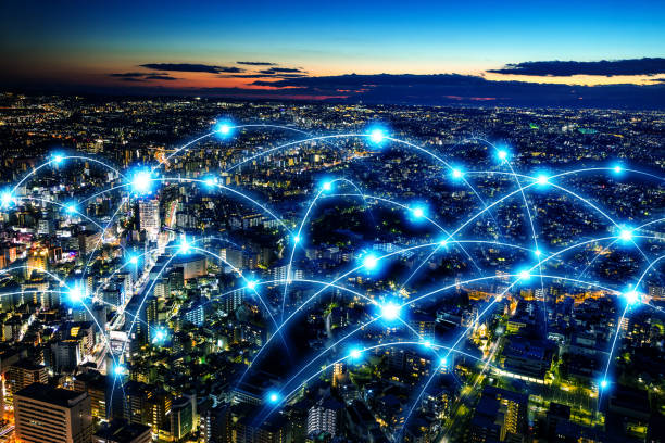 concepto red inteligente de ciudad y de las telecomunicaciones. resumen técnica mixta. - fiber optical network fotografías e imágenes de stock