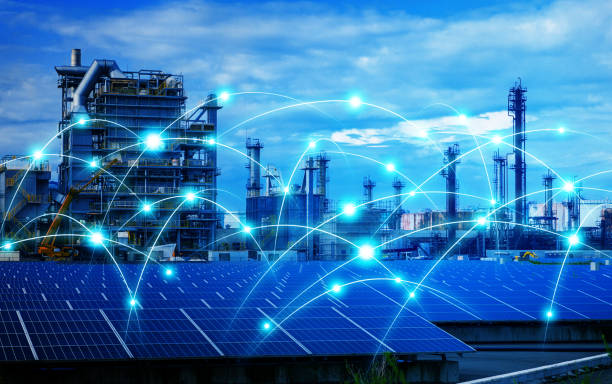 concept de réseau intelligent usine et de la télécommunication. abstrait technique mixte. - solar grid photos et images de collection