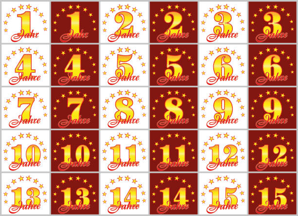 ilustrações, clipart, desenhos animados e ícones de conjunto de ouro números de 1 a 15 e a palavra do ano decorado com um círculo de estrelas. ilustração em vetor. traduzido do alemão - anos - 7 10 years